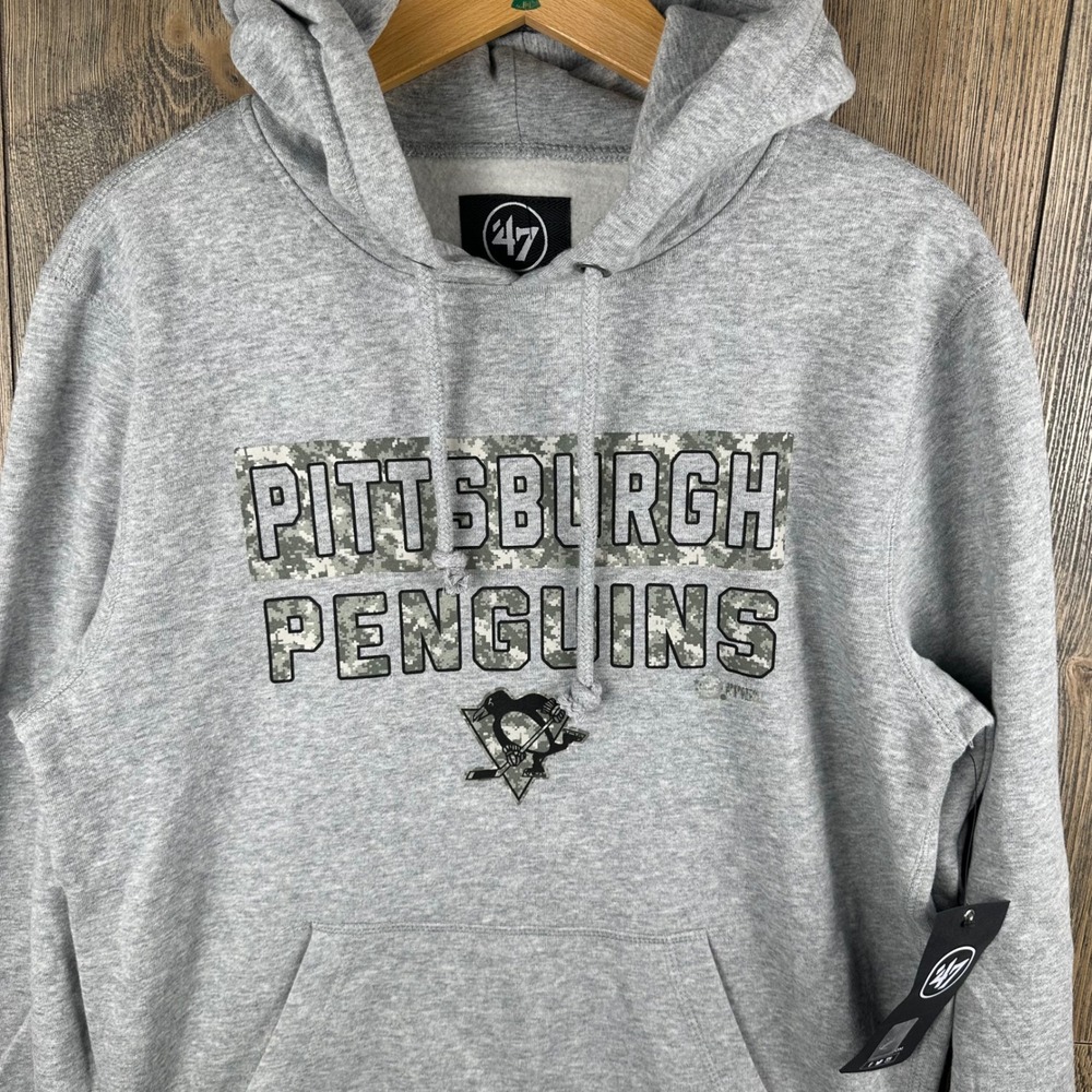 47 Brand Pittsburgh Penguins NHL Hoodie Gray Camo Graphic Sweatshirt Small NEW
